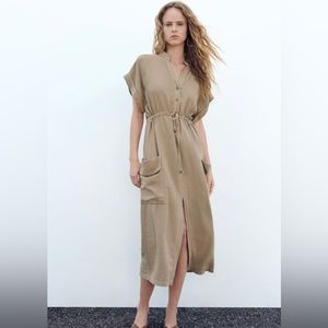 ZARA LINEN BLEND MIDI DRESS Size M Taupe EUC
